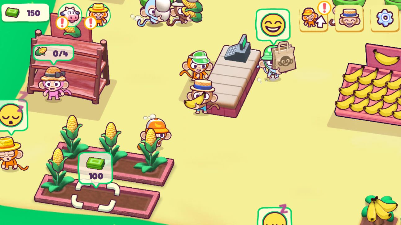 Monkey-Mart-gameplay-screen-showing-customers-and-shelves-stocked-with-bananas-and-corn