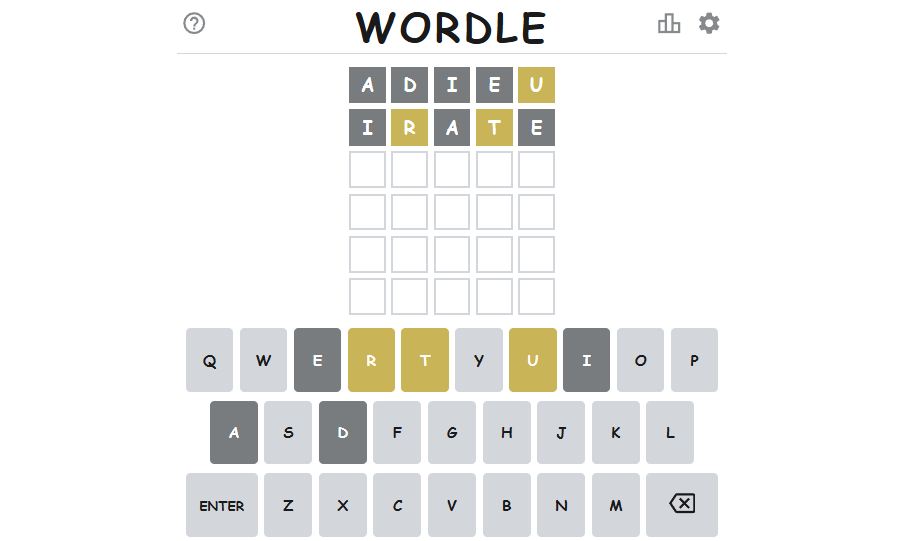 Strong starting word ADIEU and IRATE to maximize vowels and common consonants in Wordle