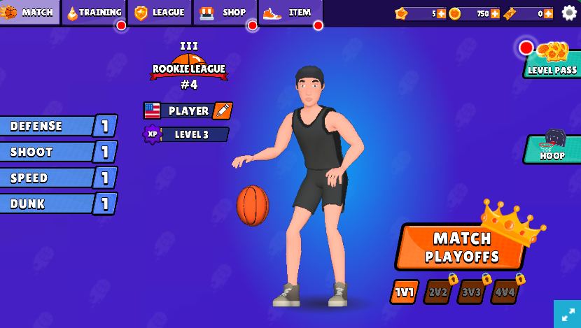 main interface of Basketball Superstars, many features for player to unlock