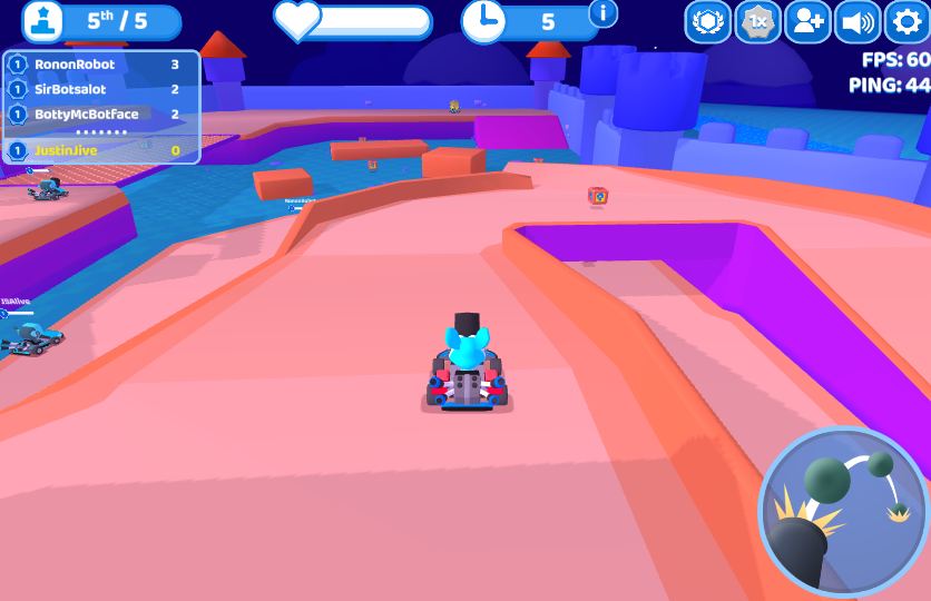 The gameplay interface of Smash Karts showing the player's view, other players and blinds box of weapon.